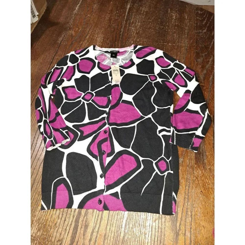 New Small Ann Taylor Black Purple White Lightweight Button Front Knit Sweater